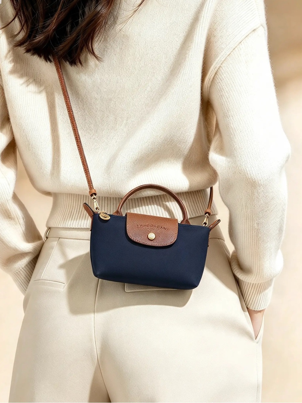 Le Pliage Navy Mini Pouch w/ Leather Crossbody Strap - NWT
